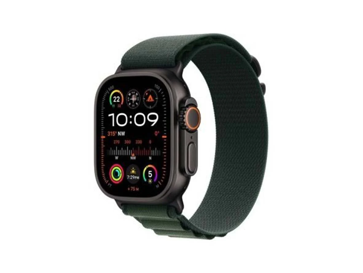 ابل ساعه الترا 2 جي بس اس + خلوي هيكل من التيتانيوم الأسود مقاس 49 ملم مع حزام جبال الألب باللون الأخضر الداكن - كبير